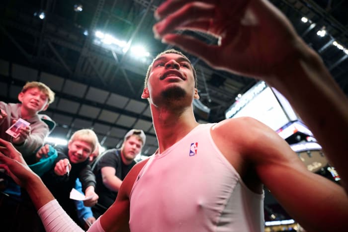 Dec 28, 2023; Portland, Oregon, USA; San Antonio Spurs center Victor Wembanyama (1) walks to the locker room after warming up before a game against the Portland Trail Blazers at Moda Center.